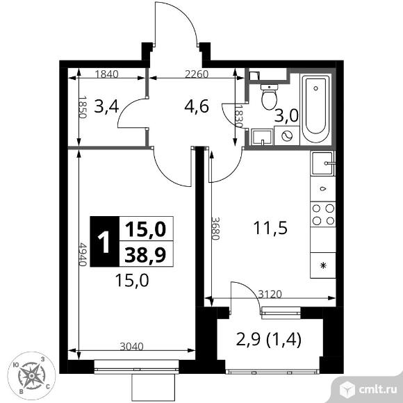 1-комнатная квартира 38,9 кв.м - ЖК "1-й Донской". Фото 1.