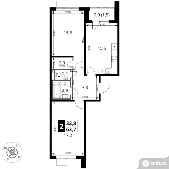 2-комнатная квартира 63,7 кв.м - ЖК "1-й Донской". Фото 1.