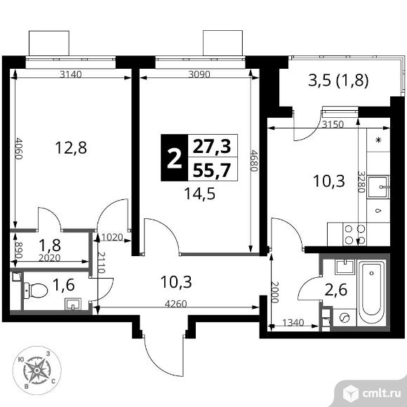 2-комнатная квартира 55,7 кв.м - ЖК "1-й Донской". Фото 1.