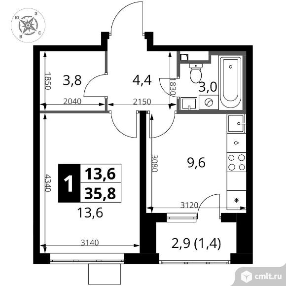 1-комнатная квартира 35,8 кв.м - ЖК "1-й Донской". Фото 1.