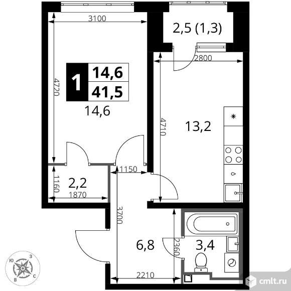 1-комнатная квартира 41,5 кв.м - ЖК "1-й Донской". Фото 1.