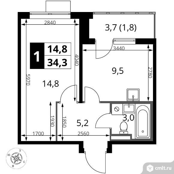 1-комнатная квартира 34,3 кв.м - ЖК "1-й Донской". Фото 1.