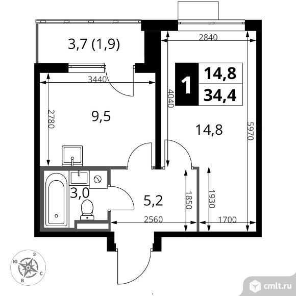 1-комнатная квартира 34,4 кв.м - ЖК "1-й Донской". Фото 1.