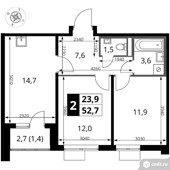 2-комнатная квартира 52,7 кв.м - ЖК "1-й Донской". Фото 1.