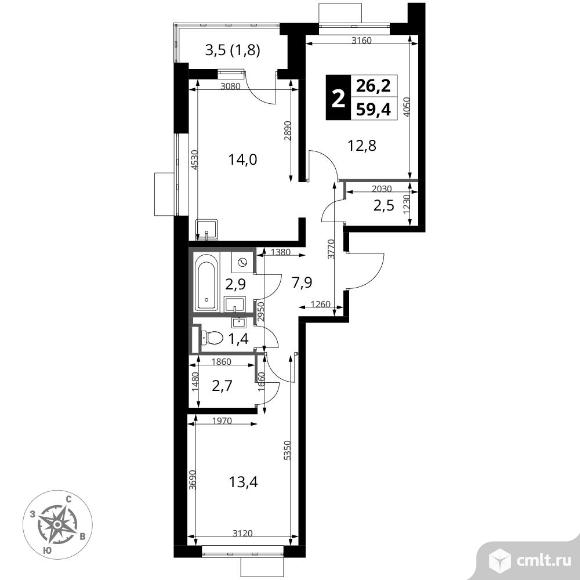 2-комнатная квартира 59,4 кв.м - ЖК "1-й Донской". Фото 1.