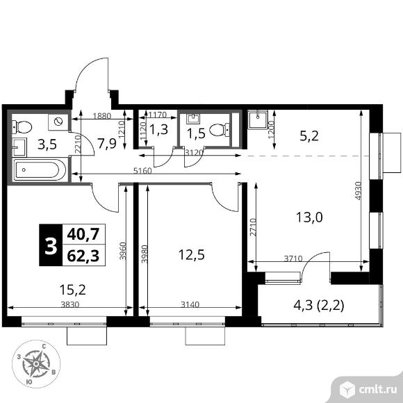 3-комнатная квартира 62,3 кв.м - ЖК "1-й Донской". Фото 1.