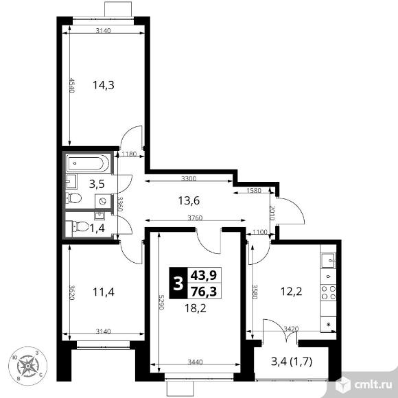 3-комнатная квартира 76,3 кв.м - ЖК "1-й Шереметьевский". Фото 1.