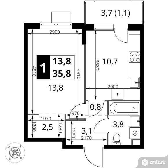 1-комнатная квартира 35,8 кв.м - ЖК "1-й Шереметьевский". Фото 1.