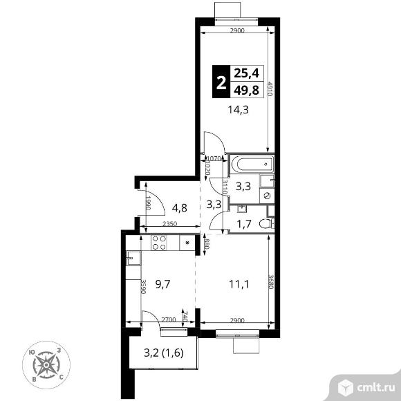 2-комнатная квартира 49,8 кв.м - ЖК "1-й Шереметьевский". Фото 1.