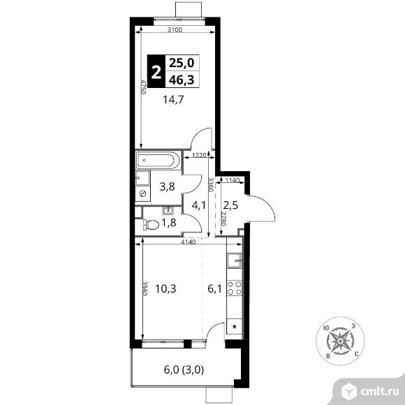 2-комнатная квартира 46,3 кв.м - ЖК "1-й Шереметьевский". Фото 1.