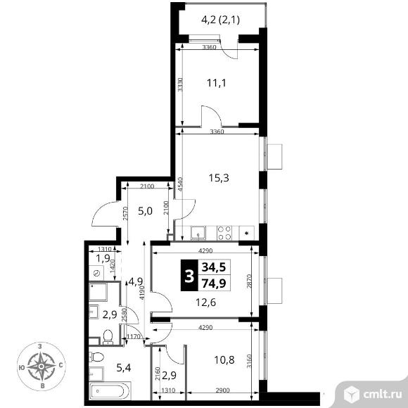 3-комнатная квартира 74,9 кв.м - ЖК "1-й Шереметьевский". Фото 1.