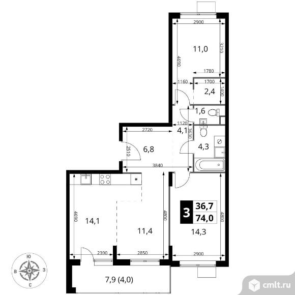 3-комнатная квартира 74 кв.м - ЖК "1-й Шереметьевский". Фото 1.