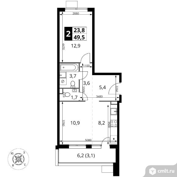 2-комнатная квартира 49,5 кв.м - ЖК "1-й Шереметьевский". Фото 1.