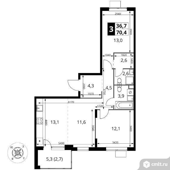 3-комнатная квартира 70,4 кв.м - ЖК "1-й Шереметьевский". Фото 1.