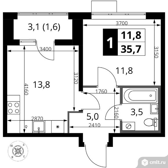 1-комнатная квартира 35,7 кв.м - ЖК "1-й Шереметьевский". Фото 1.