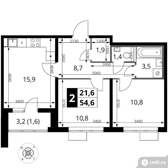 2-комнатная квартира 54,6 кв.м - ЖК "1-й Шереметьевский". Фото 1.