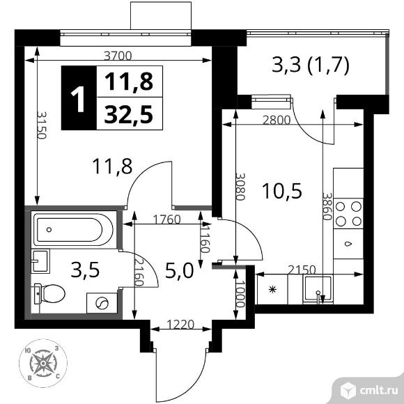 1-комнатная квартира 32,5 кв.м - ЖК "1-й Шереметьевский". Фото 1.