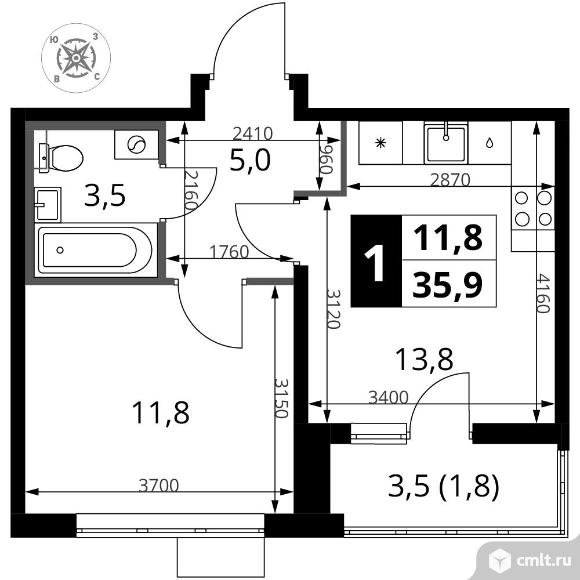1-комнатная квартира 35,9 кв.м - ЖК "1-й Шереметьевский". Фото 1.