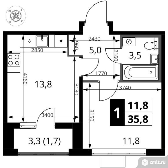 1-комнатная квартира 35,8 кв.м - ЖК "1-й Шереметьевский". Фото 1.