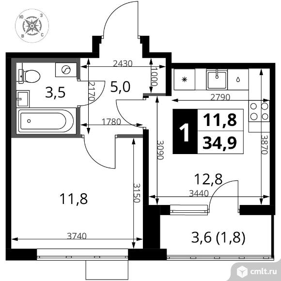 1-комнатная квартира 34,9 кв.м - ЖК "1-й Шереметьевский". Фото 1.