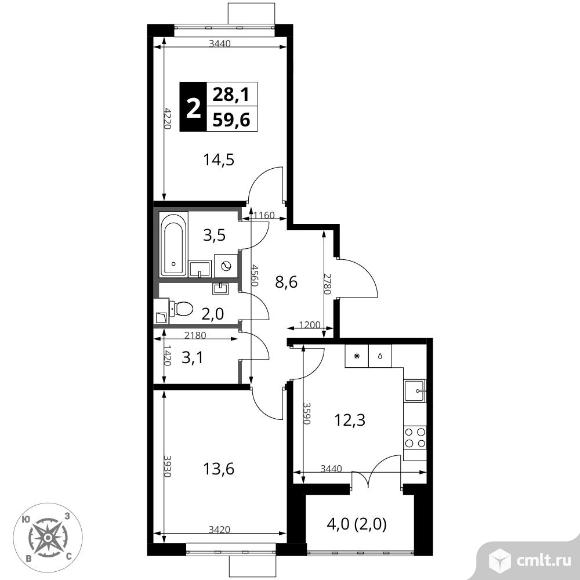 2-комнатная квартира 59,6 кв.м - ЖК "1-й Шереметьевский". Фото 1.
