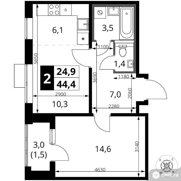 2-комнатная квартира 44,4 кв.м - ЖК "1-й Шереметьевский". Фото 1.