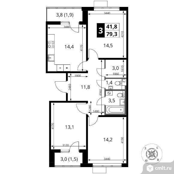 3-комнатная квартира 79,3 кв.м - ЖК "1-й Шереметьевский". Фото 1.