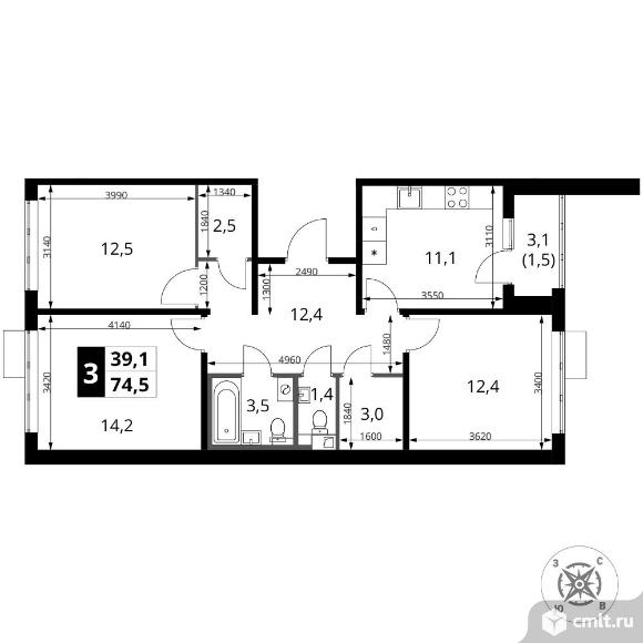 3-комнатная квартира 74,5 кв.м - ЖК "1-й Шереметьевский". Фото 1.