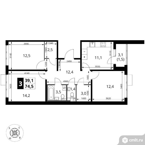 3-комнатная квартира 74,5 кв.м - ЖК "1-й Шереметьевский". Фото 1.