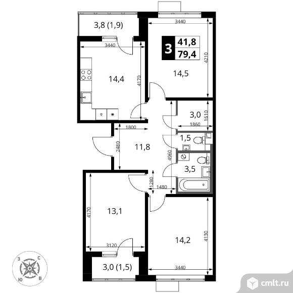 3-комнатная квартира 79,4 кв.м - ЖК "1-й Шереметьевский". Фото 1.