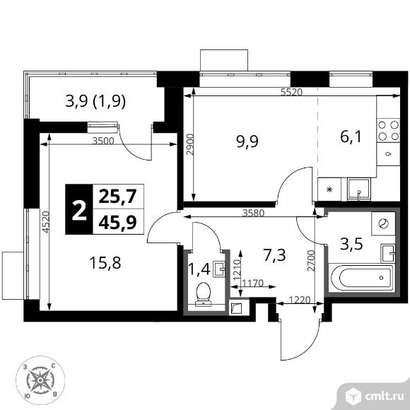 2-комнатная квартира 45,9 кв.м - ЖК "1-й Шереметьевский". Фото 1.