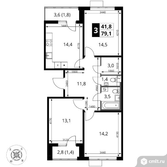 3-комнатная квартира 79,1 кв.м - ЖК "1-й Шереметьевский". Фото 1.