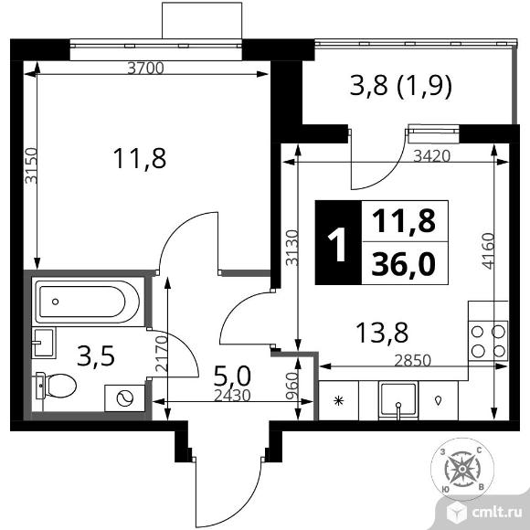 1-комнатная квартира 36 кв.м - ЖК "1-й Шереметьевский". Фото 1.