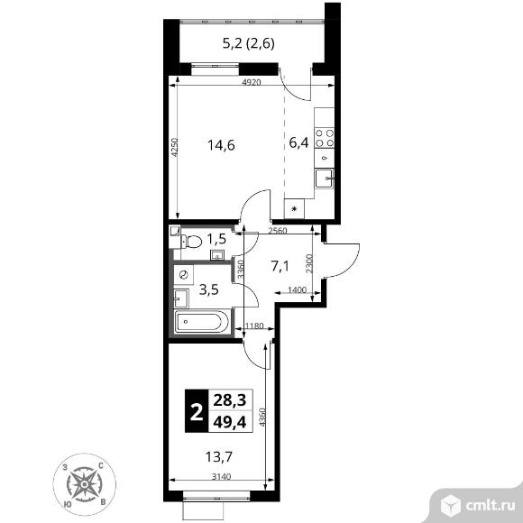 2-комнатная квартира 49,4 кв.м - ЖК "1-й Шереметьевский". Фото 1.