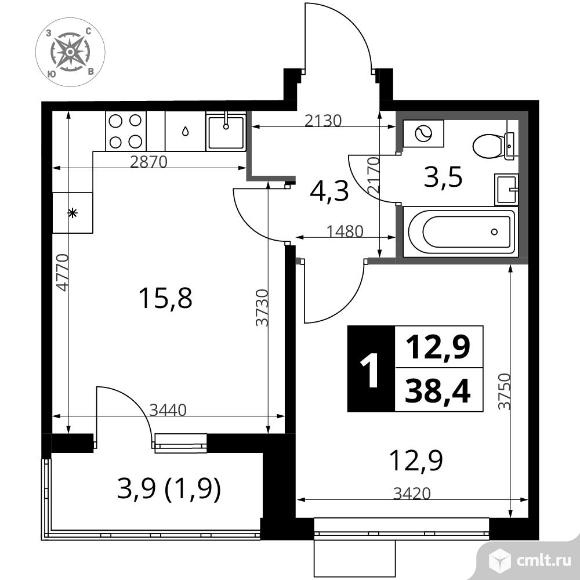 1-комнатная квартира 38,4 кв.м - ЖК "1-й Шереметьевский". Фото 1.