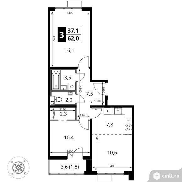 3-комнатная квартира 62 кв.м - ЖК "1-й Шереметьевский". Фото 1.