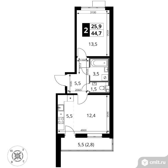 2-комнатная квартира 44,9 кв.м - ЖК "1-й Шереметьевский". Фото 1.