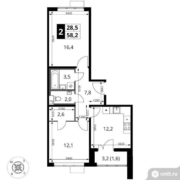 2-комнатная квартира 58,2 кв.м - ЖК "1-й Шереметьевский". Фото 1.