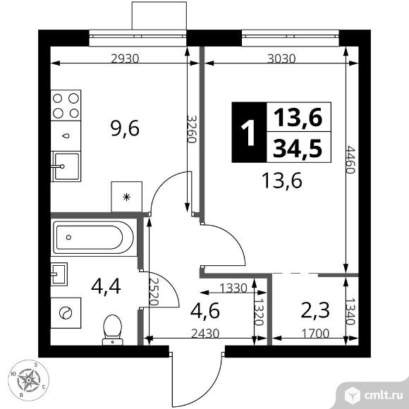 1-комнатная квартира 34,5 кв.м. Фото 1.