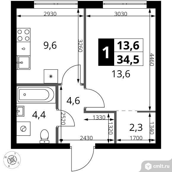 1-комнатная квартира 34,5 кв.м. Фото 1.
