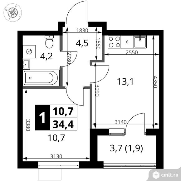 1-комнатная квартира 34,4 кв.м - ЖК "1-й Ясеневский". Фото 1.