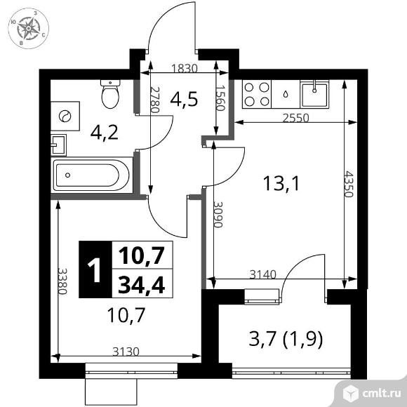 1-комнатная квартира 34,4 кв.м - ЖК "1-й Ясеневский". Фото 1.