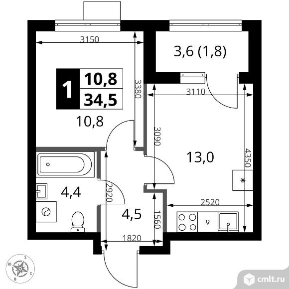 1-комнатная квартира 34,5 кв.м. Фото 1.