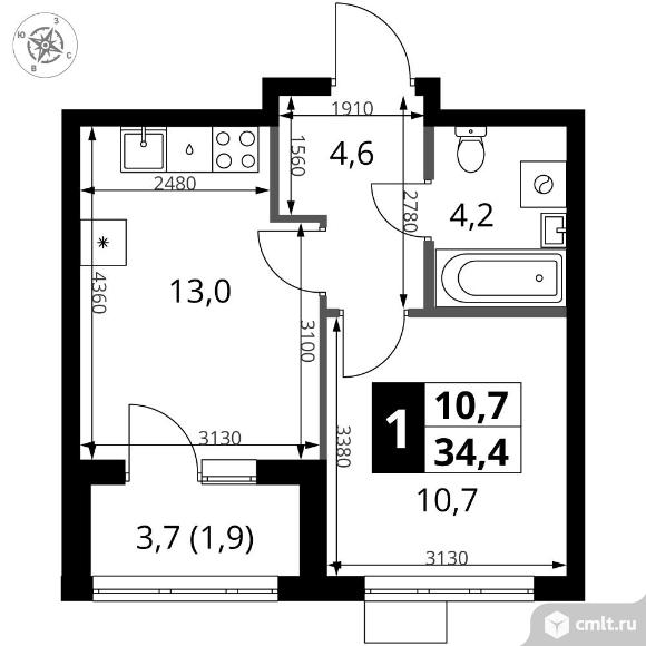 1-комнатная квартира 34,4 кв.м - ЖК "1-й Ясеневский"