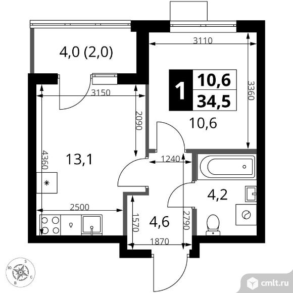 1-комнатная квартира 34,5 кв.м - ЖК "1-й Ясеневский". Фото 1.