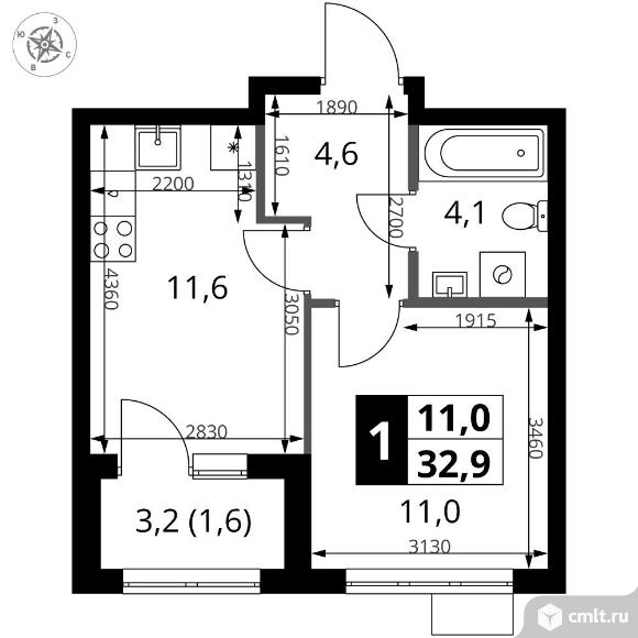 1-комнатная квартира 32,9 кв.м - ЖК "1-й Ясеневский". Фото 1.