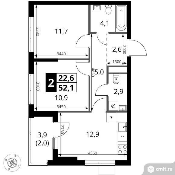 2-комнатная квартира 52,1 кв.м. Фото 1.