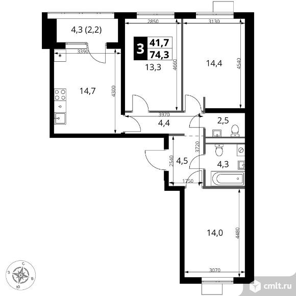 3-комнатная квартира 74,3 кв.м - ЖК "1-й Ясеневский". Фото 1.