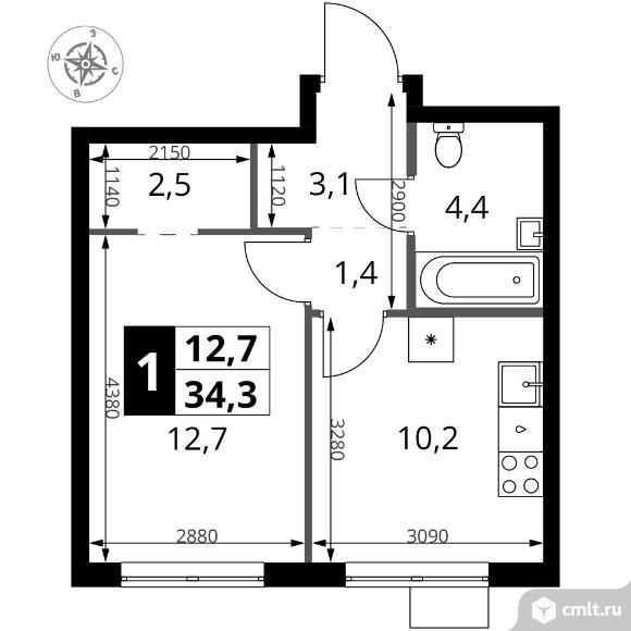 1-комнатная квартира 34,3 кв.м - ЖК "1-й Ясеневский". Фото 1.