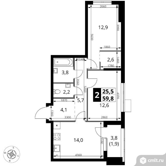2-комнатная квартира 59,8 кв.м - ЖК "1-й Ясеневский". Фото 1.